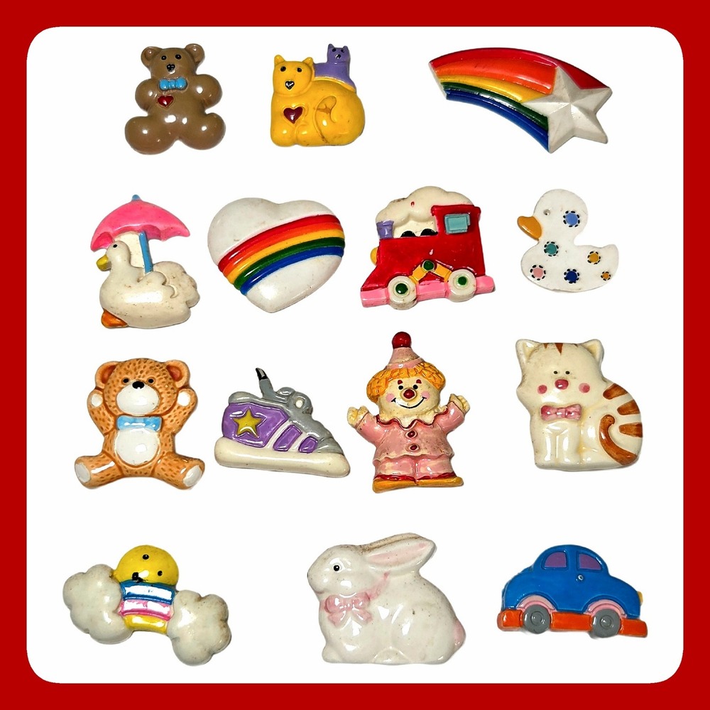 Hallmark Merry Miniatures Pin Lot 1980s Rainbow Heart Cat Bear Toy Set 14pc